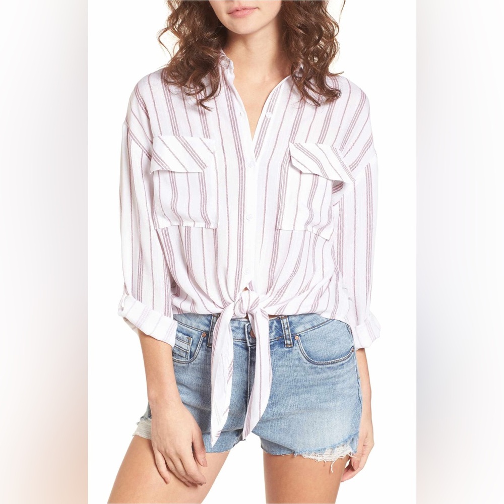 Lush Striped Tie-Front Button-Up Shirt M 22" PTP Coastal Resort Wear